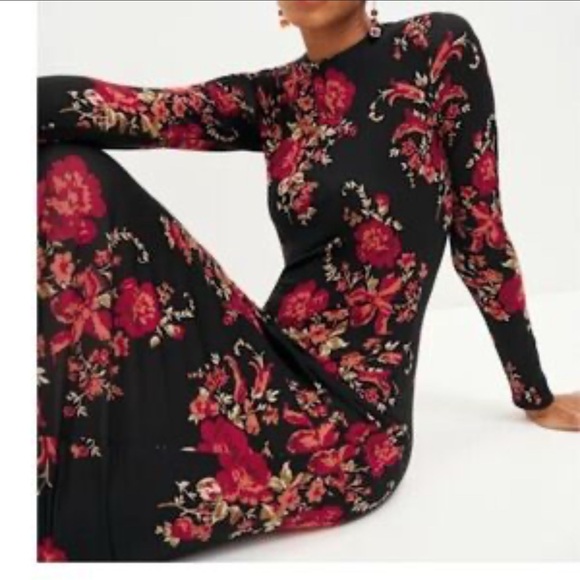 Reformation Black and Red Floral Long Sleeve Dress - Picture 2 of 7